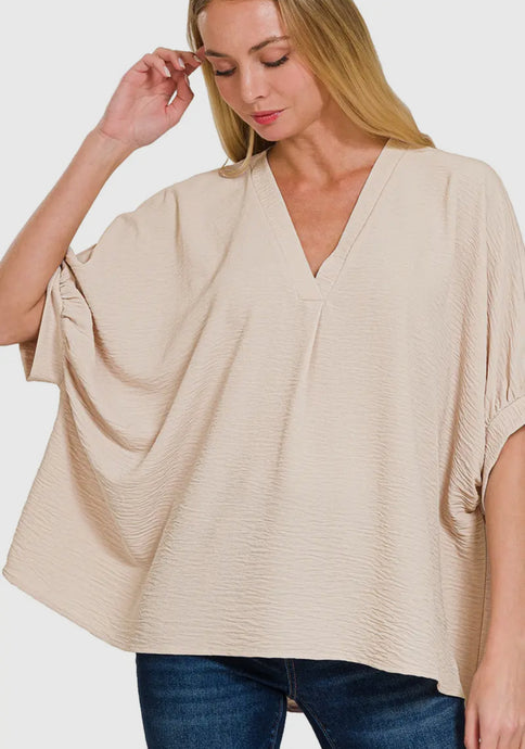 Woven V-Neck Airflow Top In Sand Beige