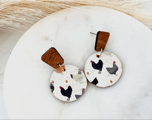 Chicken Hen Leather/Wood Circle Earrings