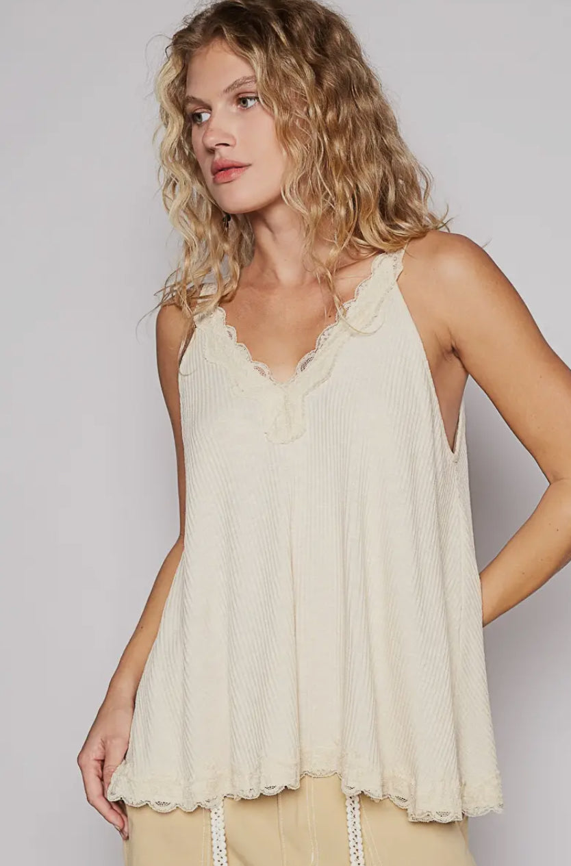 V-Neck Sleeveless Lace Trim Tank Top
