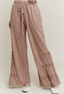 Mineral Wash Side Ruffle Flare Pants Latte