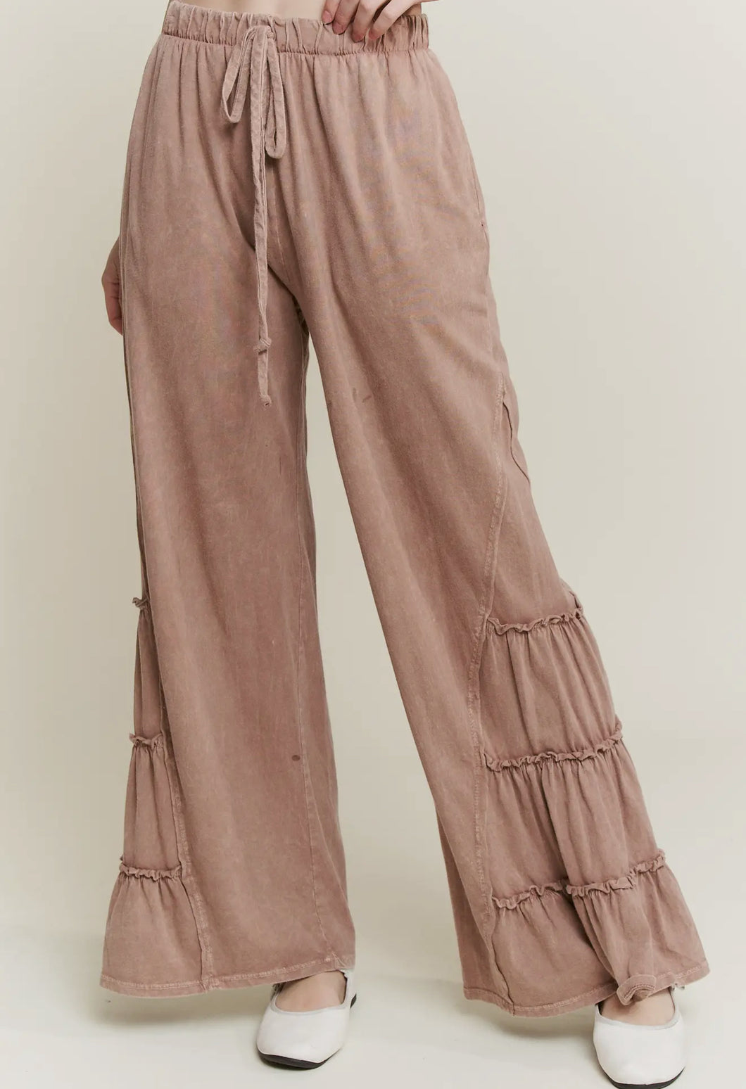 Mineral Wash Side Ruffle Flare Pants Latte