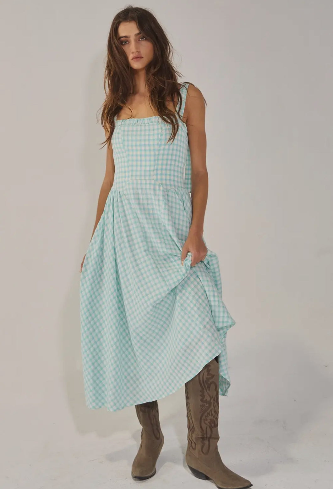 Sky Blue Check MIDI Dress