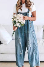 Load image into Gallery viewer, Blue Distressed Denim Overalls