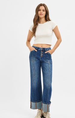 High Rise Dark Wide Straight Cuffed Jeans