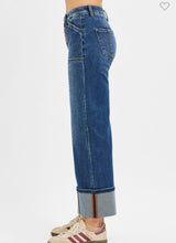 Load image into Gallery viewer, High Rise Dark Wide Straight Cuffed Jeans