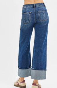 High Rise Dark Wide Straight Cuffed Jeans
