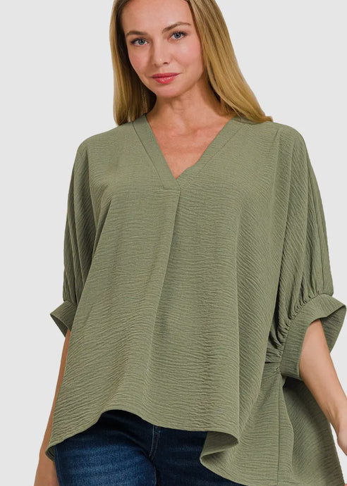 Woven V-Neck Airflow Top In Lt. Olive