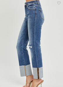 High Rise Wide Cuffed Straight Jeans
