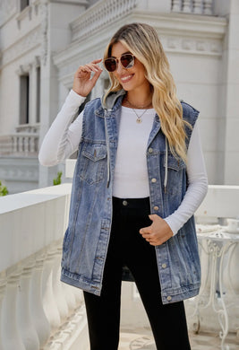 Loose Denim Vest With Detachable Hoodie