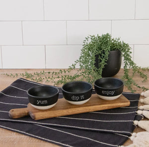 Wood Serving Tray with Stoneware Dipping Bowls (Set)