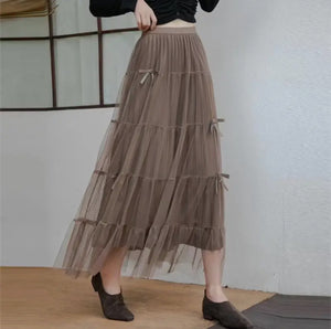 Coffee Bow Tie Midi Skirt