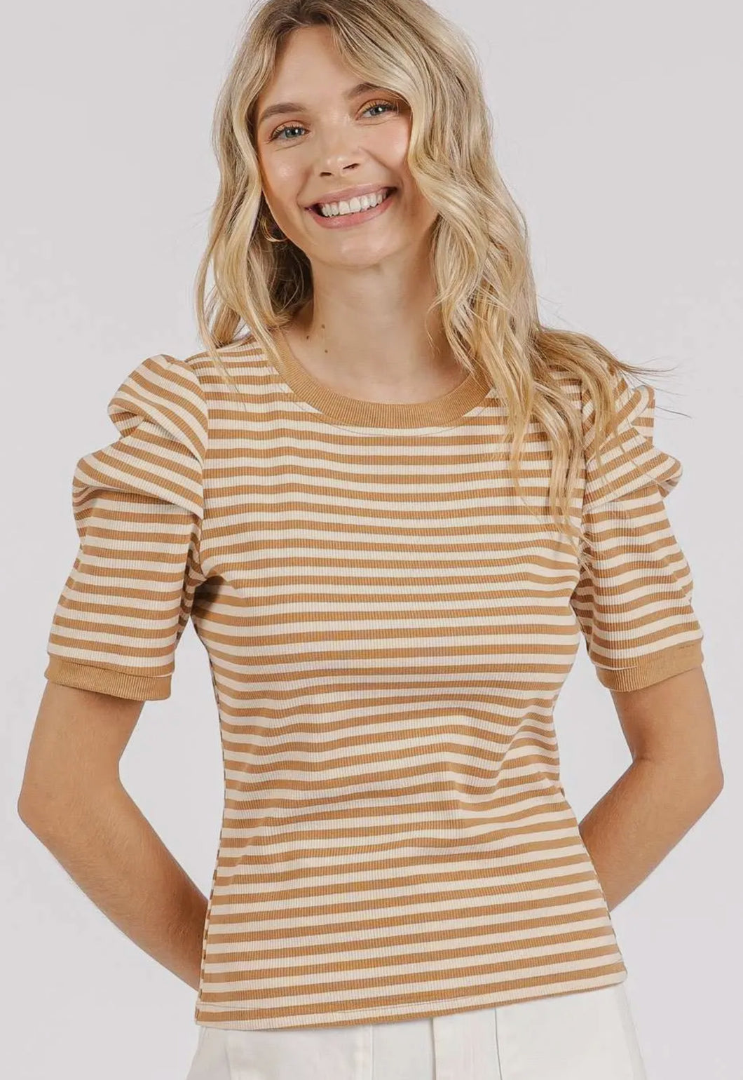 Striped Puff Shoulder Rib Top