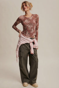 Red Bean Floral Mesh Top