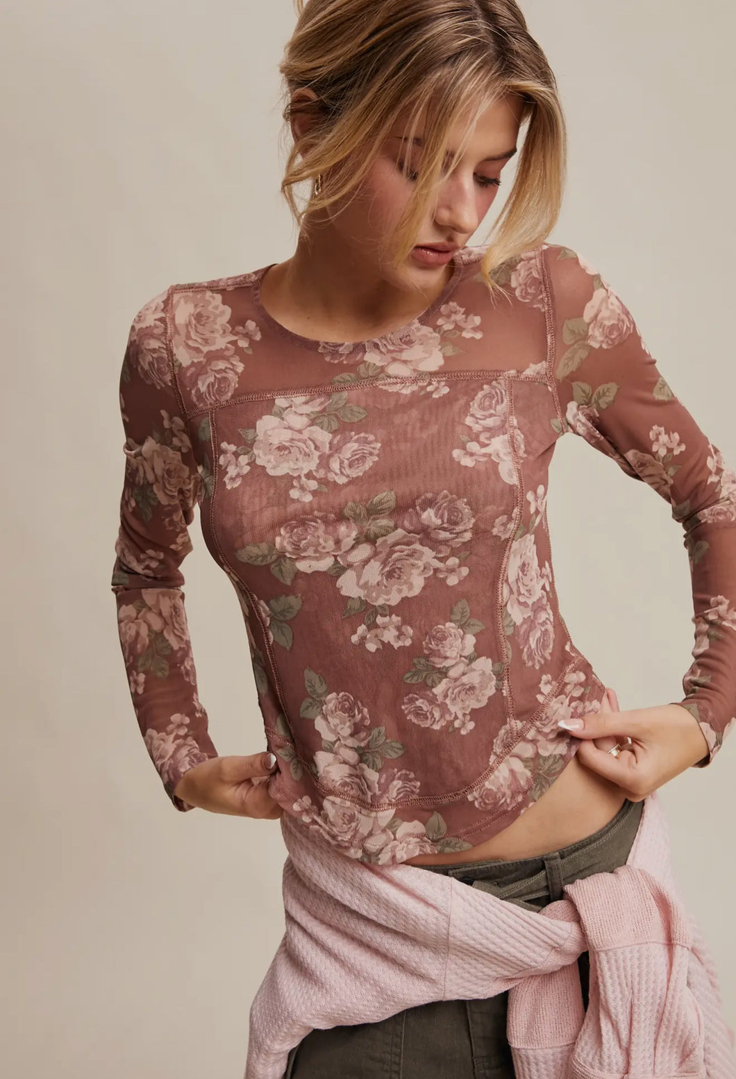 Red Bean Floral Mesh Top