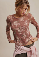 Red Bean Floral Mesh Top