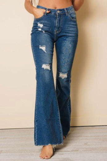 Dark Wash Distressed Flare Jeans